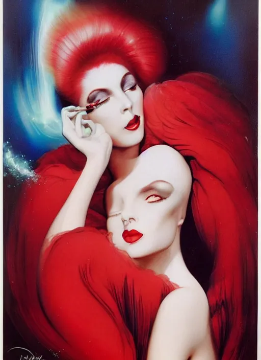 Image similar to an 8 0 s portrait of a woman with dark eye - shadow and red lips with dark slicked back hair dreaming acid - fueled hallucinations by serge lutens, rolf armstrong, delphin enjolras, peter elson