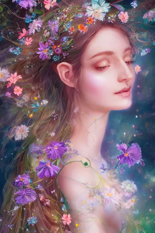 Prompt: a portrait of a beautiful elvish goddess with flowers in her hairs , hd, 4k, 8k, highly detailed, sharp, ethereal, astral environment in style of Anna Dittmann