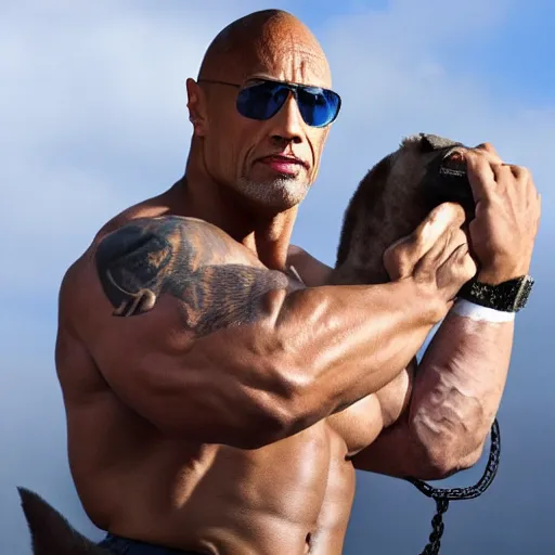 prompthunt: Dwayne Johnson doing his eyebrow face towards the camera