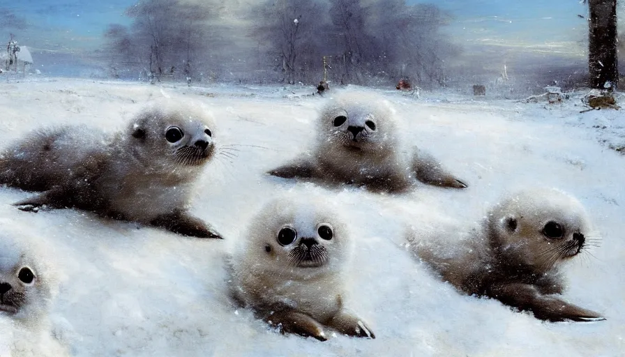 Prompt: highly detailed closeup painting of cute furry white baby seals inside a snowy playpark by william turner, by greg rutkowski, by william constable, thick brush strokes and visible paint layers, 4 k resolution