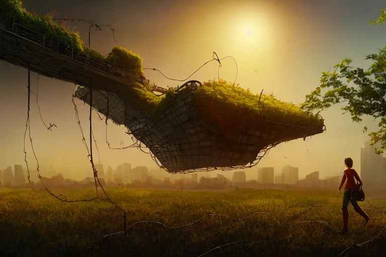 Prompt: a walking house on mechanical legs, rust, vines, city in background, hyperrealistic, highly detailed, cinematic, single ray of sun, fog, beautiful, cgssociety, artstation, 8 k, oil painting