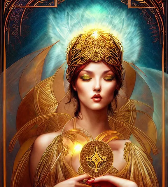Prompt: goddess of knowledge, tarot card, ornate, digital art by artgerm and karol bak