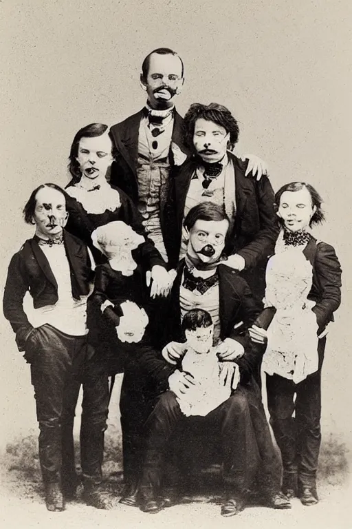 Image similar to mugwump family photo, 1 8 0 0 s, olan mills studio, creepy, scary, laughing, color, grotty, ugly, terrified