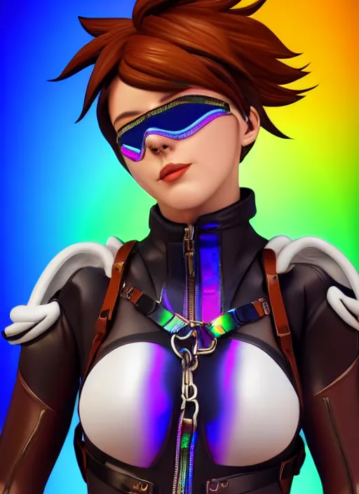Image similar to portrait bust digital artwork of tracer overwatch, wearing iridescent rainbow latex and leather straps catsuit outfit, 4 k, expressive happy smug expression, makeup, in style of mark arian, angel wings, wearing detailed leather collar, chains, black leather harness, detailed face and eyes,