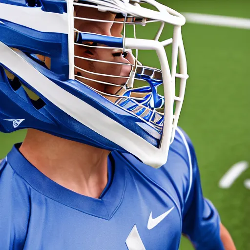 Image similar to lacrosse player, soccer field, cascade helmet, realistic, running, very detailed, 8k, high resolution, ultra realistic, no grain, symmetry, normal proportions, sports illustrated style, Cascade XRS Custom Lacrosse Helmet, brine lacrosse stick, Brine Lacrosse King V Gloves, normal feet, Nike Alpha Huarache 7 Elite, STX Surgeon 700 Lacrosse Arm Guards