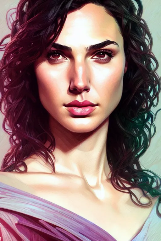 Prompt: a portrait of gal gadot, fantasy, sharp focus, intricate, elegant, digital painting, artstation, matte, highly detailed, concept art, illustration, ambient lighting, art by ilya kuvshinov, artgerm, alphonse mucha, and greg rutkowski