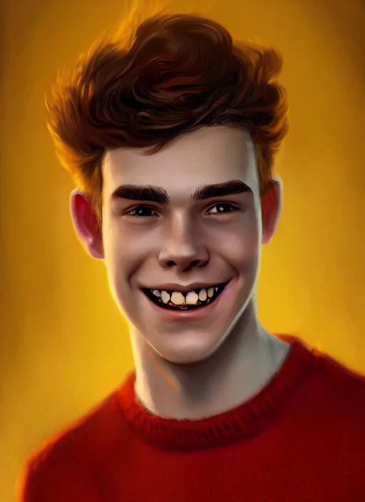 Image similar to portrait of teenage archie andrews, freckles, curly middle part haircut, curly hair, smiling kindly, friendly, 1 9 5 0 s, intricate, elegant, glowing lights, highly detailed, digital painting, artstation, concept art, smooth, sharp focus, illustration, art by wlop, mars ravelo and greg rutkowski