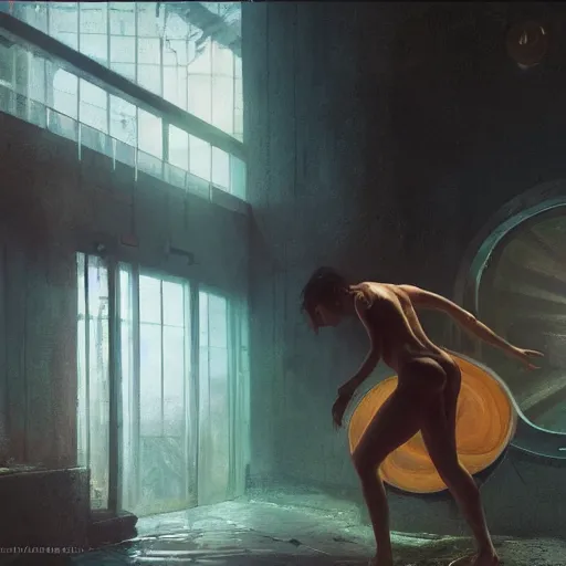 Image similar to a woman emerging from a gyroscopic shell, moment, cyberpunk cloisters, displays, tech noir, wet reflections, atmospheric, ambient, livia prima, greg rutkowski, edward hopper