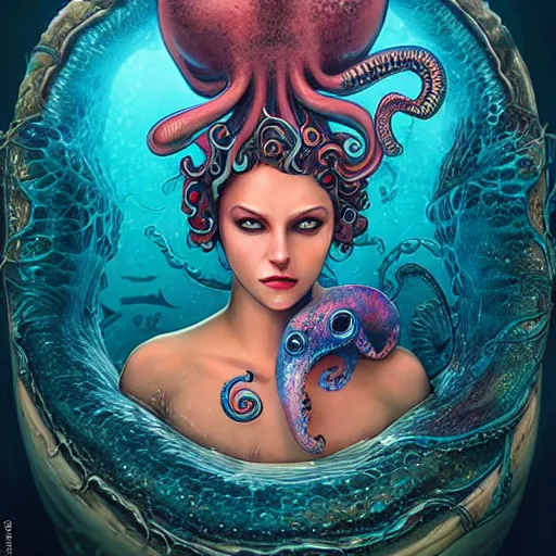 Image similar to underwater lofi scorn biopunk mermaid portrait, octopus, Pixar style, by Tristan Eaton Stanley Artgerm and Tom Bagshaw.