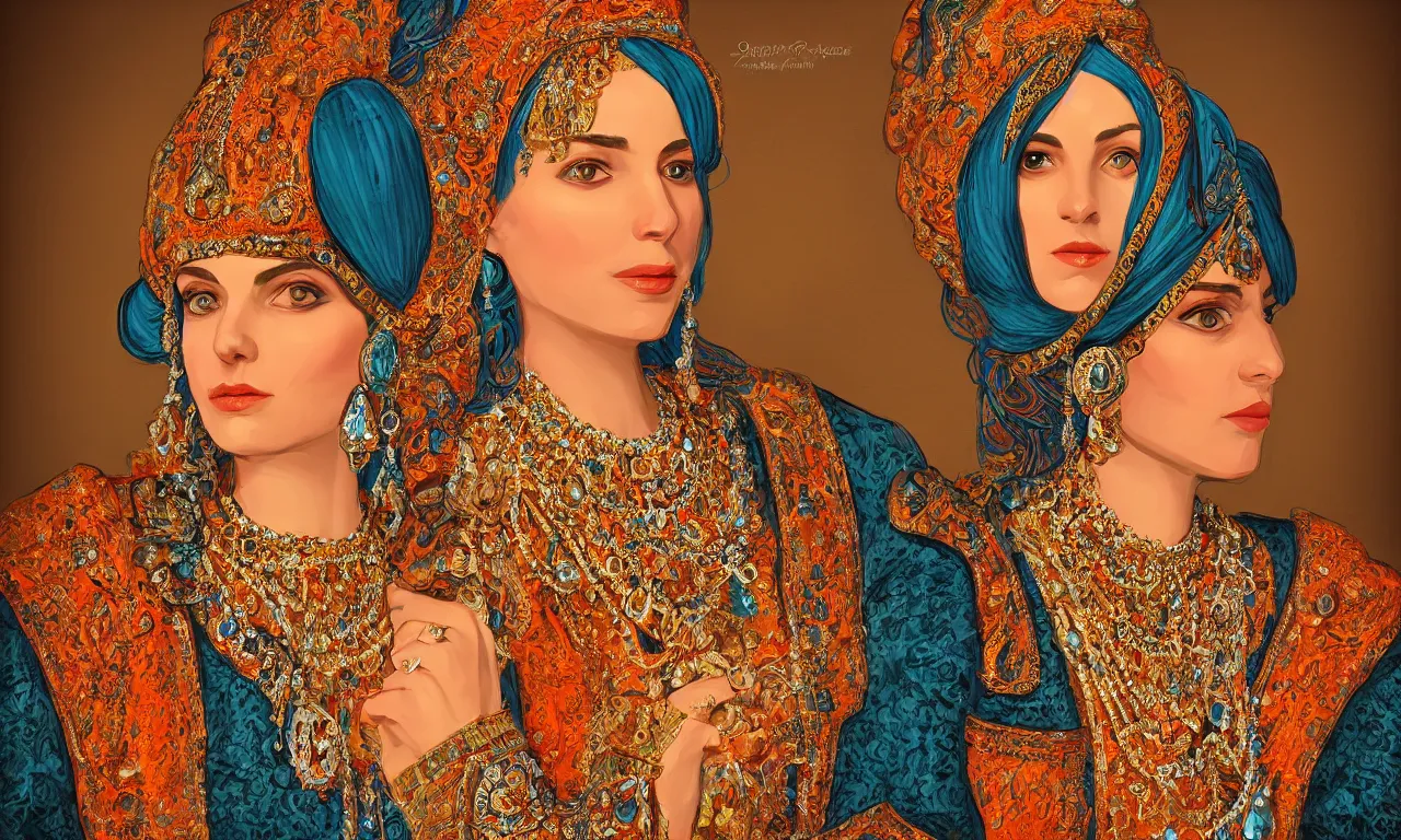 Prompt: stunning awe-inspiring portrait of a lady in traditional Armenian attire, wearing highly detailed jewelries and ornaments, beautiful face, beautiful portrait lighting, teal and orange colored background with traditional lampstands and furnitures, artstation, smooth portrait