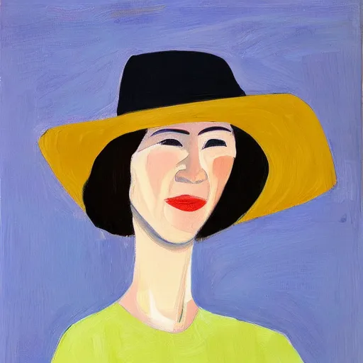 Image similar to woman with hat, by Alex Katz, colorful, smiling, oil on canvas