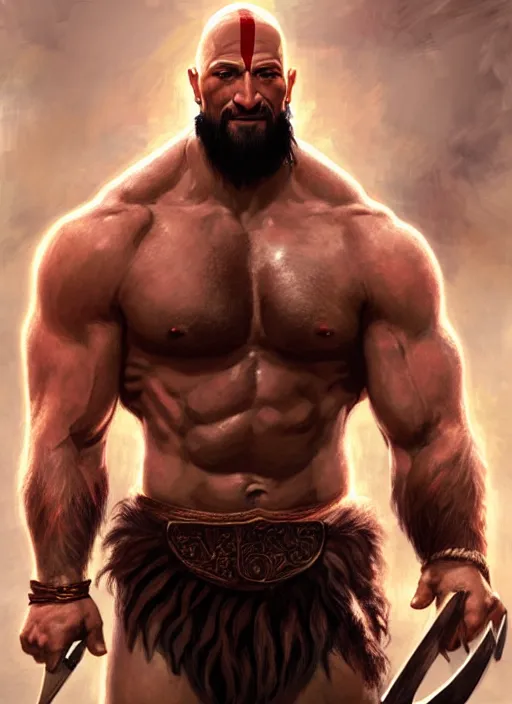 Prompt: portrait ofdwayne johnson as kratos, d & d, muscular! fantasy, intricate, elegant, highly detailed, digital painting, artstation, concept art, smooth, sharp focus, illustration, art by artgerm and greg rutkowski and alphonse mucha