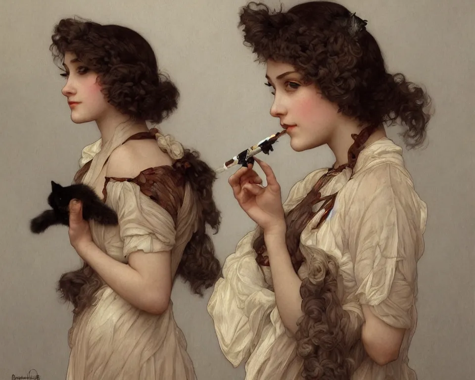 Image similar to portrait shot of ragdoll cat smoking cigarette, intricate, elegant, highly detailed, 1 9 2 0's style speakeasy, digital painting, artstation, concept art, smooth, sharp focus, illustration, art by artgerm and greg rutkowski and alphonse mucha and william - adolphe bouguereau