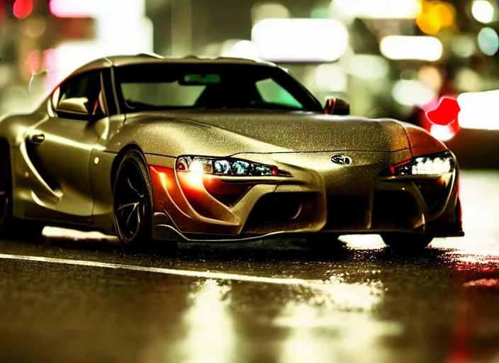 Prompt: symmetry!! close up macro shot of a toyota supra car on wet tokyo street at night, intricate, hyper detailed, smooth, high contrast, neon, volumetric lighting, octane, moebius, greg rutkowski, blade runner, ripley scott, cindmatic