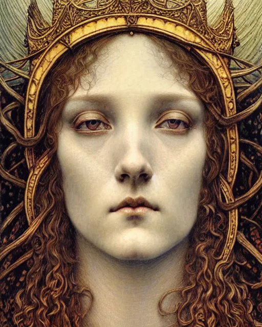 Image similar to detailed realistic beautiful young medieval queen face portrait by jean delville, gustave dore and marco mazzoni, art nouveau, symbolist, visionary, gothic, pre - raphaelite. horizontal symmetry