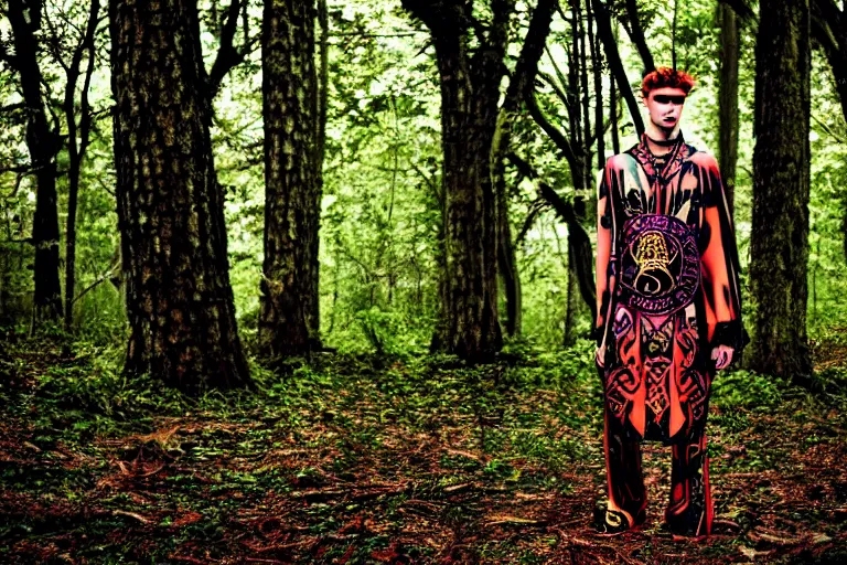 Image similar to versace avant garde male toga intricate textiles streetwear cyberpunk posing in the woods trees cloudy overcast dark late evening dramatic 3 5 mm professional color