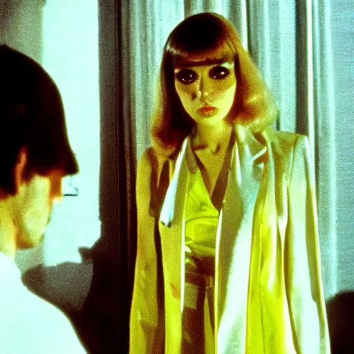 Prompt: still of a giallo film, directed by dario argento, shot on 3 5 mm film, beautiful woman, subtitles, dramatic lighting, vivid colours