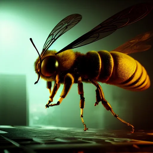 Image similar to cyberpunk bee, studio photo, volumetric light, octane