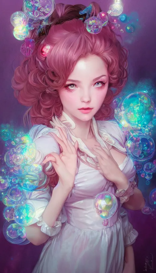 Image similar to portrait of magical lolita girl, dreamy and ethereal, expressive pose, big pink eyes, exciting expression, fantasy, intricate, elegant, many rainbow bubbles, rose tones, highly detailed, digital painting, artstation, concept art,cyberpunk wearing, smooth, sharp focus, illustration, art by artgerm and greg rutkowskiand alphonse mucha