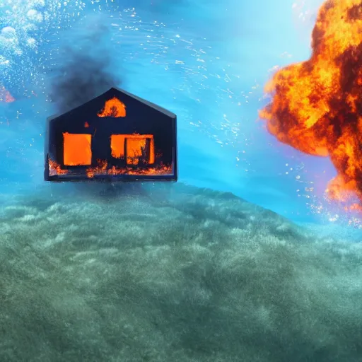 Image similar to a house burning underwater, with a humanoid robot, 8 k resolution, colorful, mariana trench