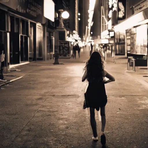 Image similar to a brunette girl, in her twenties, very long hair, dressed casually, walking from behind in the streets of new york, city lights, smoke, cinematic