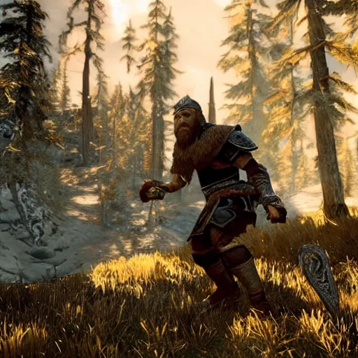 Prompt: character screenshot of conor mcgregor in skyrim, elf armor, ps 3 graphics, npc talking, wilderness, 1 0 8 0 p, bokeh, elder scrolls v, detailed, dialog text