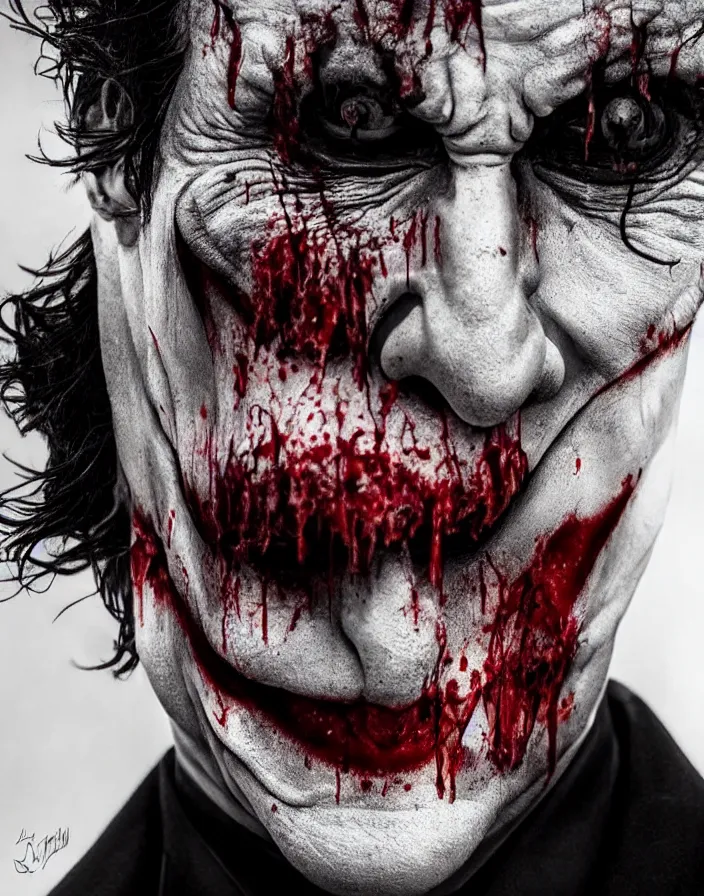 Prompt: a really creepy photography of joker the batman nemesis, hyper realistic, ultra detailed, portrait photo, horror, blood