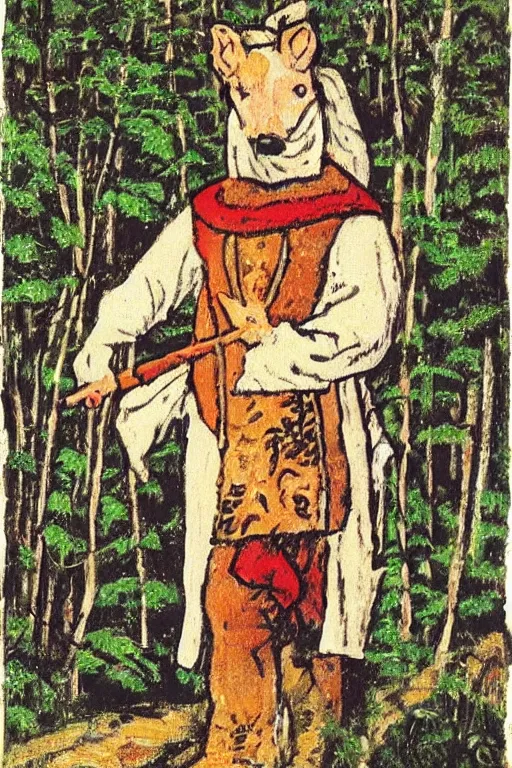 Image similar to a painting of slavic dog head man, woolen torso in medieval clothes, walking in the forest, in a white outfit, a character portrait by jean fouquet, reddit, synthetism, woodcut, grotesque, tarot card