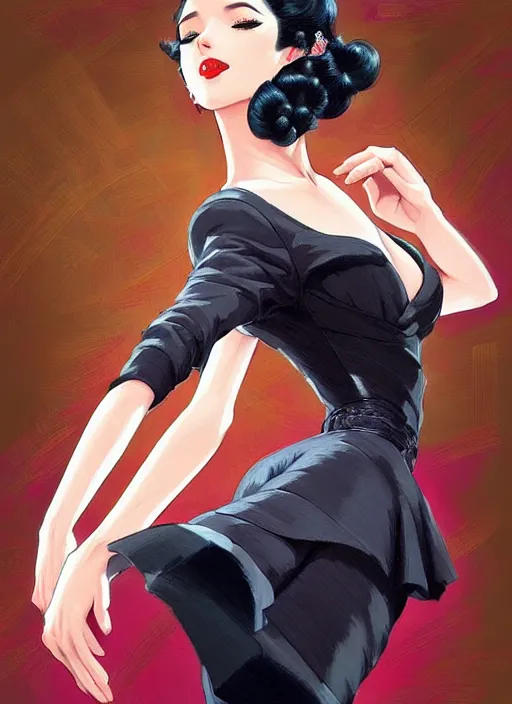 Image similar to a beautiful dancer with black hair in 1940's fashion, ballroom background, intricate, highly detailed, digital painting, artstation, official media, anime key visual, concept art, rich vivid colors, ambient lighting, sharp focus, illustration, art by Artgerm, Makoto Shinkai, Ilya Kuvshinov, Lois Van Baarle, and Rossdraws