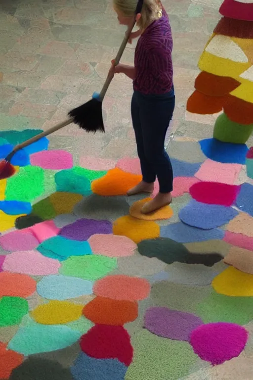Prompt: she sweeps with many colored broom