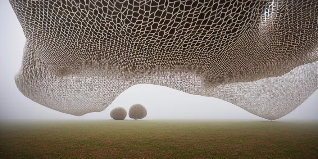 Prompt: white honeycomb organic building by ernesto neto sits on the field in low fog, light - mint with light - pink color, 4 k, insanely quality, highly detailed, film still from the movie directed by denis villeneuve with art direction by zdzisław beksinski, telephoto lens, shallow depth of field