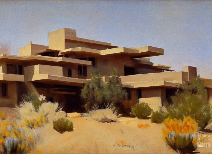 Image similar to painting of a frank lloyd wright house in the california desert by john singer sargent