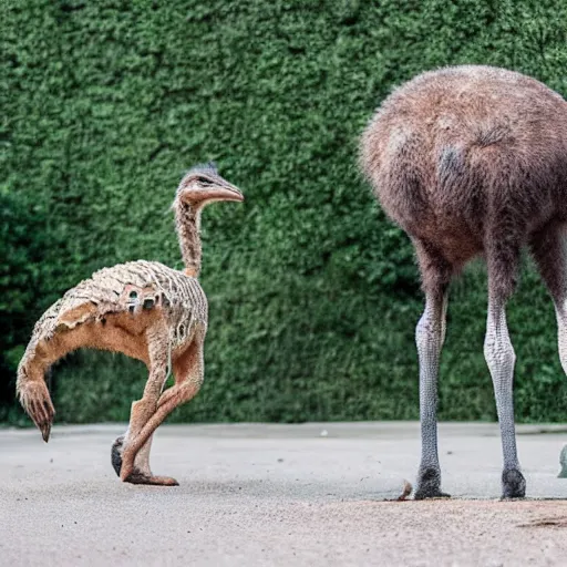 Prompt: bipedal ostrich and crocodile hybrid animal, real photo, taken in zoo