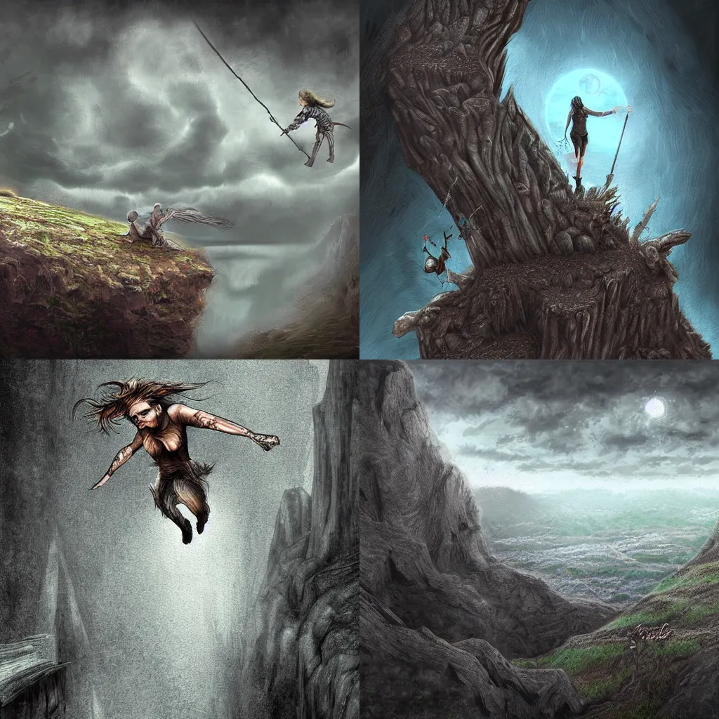 Prompt: i will jump off a cliff, digital art, dark fantasy, highly detailed, no crop