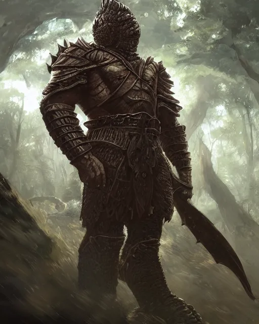 Image similar to Huge komodo warrior in armor, portrait, woodlands, magic the gathering artwork, D&D, fantasy, cinematic lighting, centered, symmetrical, highly detailed, digital painting, artstation, concept art, smooth, sharp focus, illustration, volumetric lighting, epic Composition, 8k, art by Akihiko Yoshida and Greg Rutkowski and Craig Mullins, oil painting, cgsociety