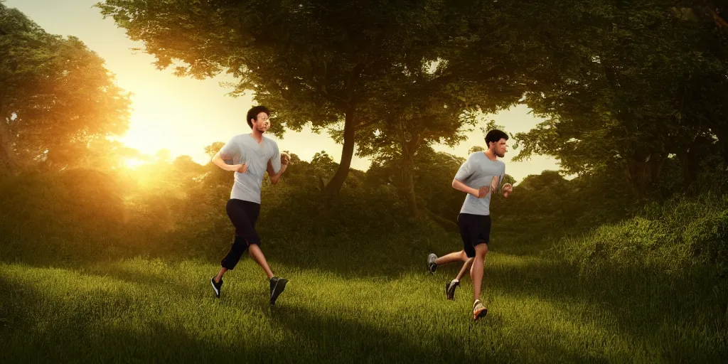 Image similar to Render of a young man running through a lush green countryside, with the sun setting over the sea, trending on artstation, 4k, soft focus