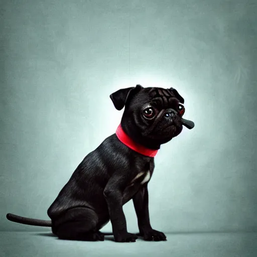 Prompt: high quality and realistic professional studio illustration of a cute and sad black pug puppy dressed as a ninja holding a katana, photo by sebastiao salgado