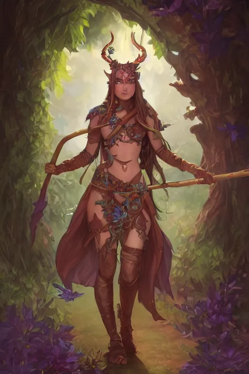 Image similar to cute Tiefling Druid with long horns, colorful leaves on light leather armor, holding tree staff, ,demon tail light-brown skin, highly detailed, digital painting, artstation, concept art, sharp focus, illustration, art by artgerm and greg rutkowski and alphonse mucha