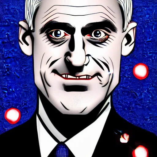 Prompt: digital illustration of secretary of denis mcdonough face with demonic laser eyes, cover art of graphic novel, eyes replaced by glowing lights, glowing eyes, flashing eyes, balls of light for eyes, evil laugh, menacing, Machiavellian puppetmaster, villain, clean lines, clean ink