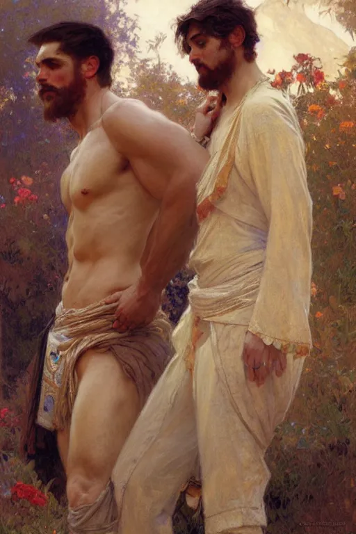 Image similar to 2 attractive men, painting by gaston bussiere, craig mullins, greg rutkowski, alphonse mucha