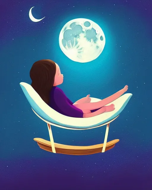 Image similar to beautiful painting of little girl sleeping on her flying bed, moon, art by petros afshar, sky night, illustration, highly detailed, simple, smooth and clean vector curves, no jagged lines, vector art, smooth, artstation