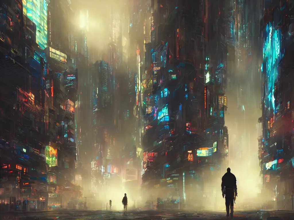 Prompt: a highly detailed digital painting of a nomad wandering a sci - fi cyberpunk city, neon lights, volumetric lighting, atmospheric fog, epic composition, artstation