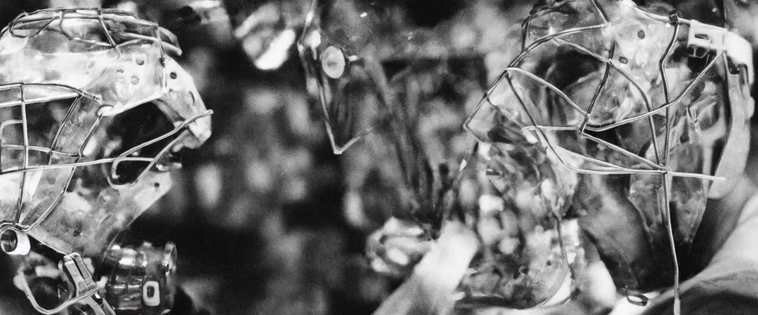 Image similar to detailed sharp photograph in the style of popular science circa 1 9 5 5 and gregory crewdson telephoto lens portrait of an nhl goalie with cool mask design at his goal heavy bokeh