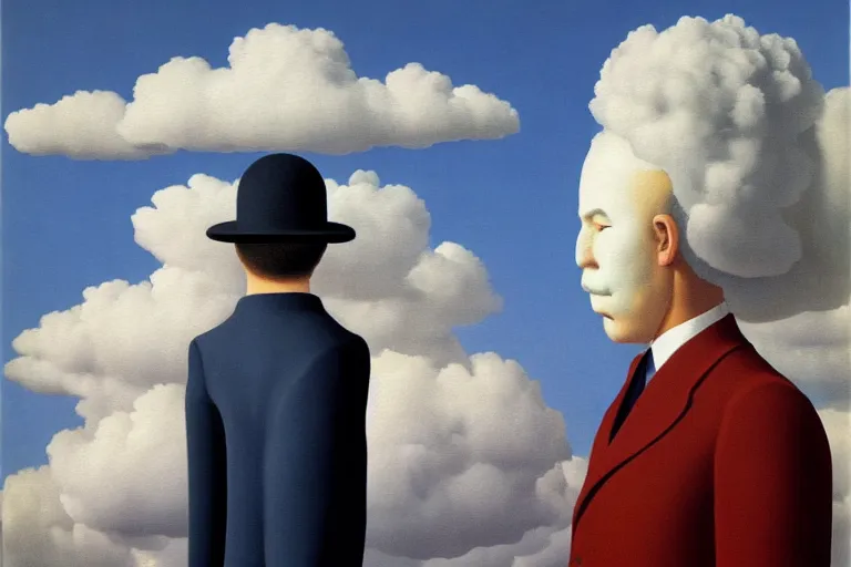 Image similar to portrait of cloud man by rene magritte, detailed painting, hd, hq, high resolution, high detail, 4 k, 8 k