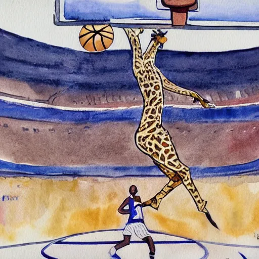 Prompt: giraffe dunking basketball in full stadium, watercolor, highly detailed