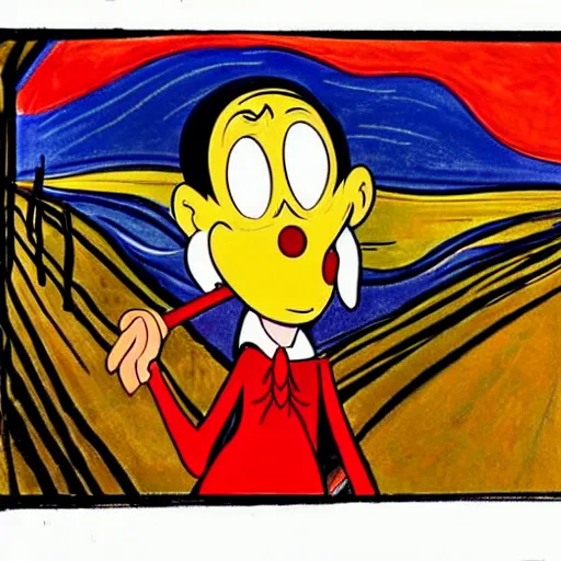 Image similar to a cartoon adaptation of the scream of munch by walt disney in the style of pinocchio