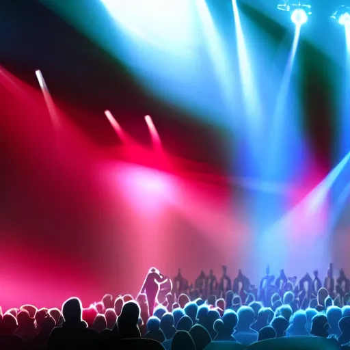 Image similar to a lone singer on stage, with spotlight beam, huge crowd in audience, facing stage, zoom lens, ultra realistic, artstation, red curtains, dramatic lighting, album