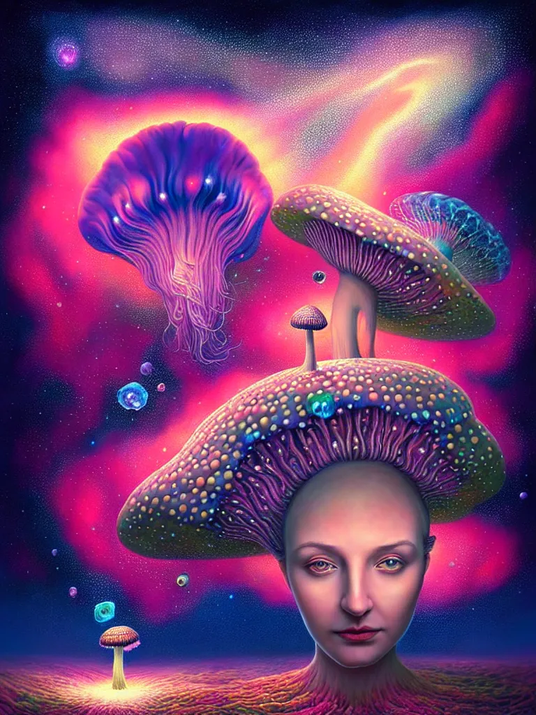 Prompt: portrait of queen of dreams, extremely beautiful is floating and merging among many nebula stars with lots of gigantic mushrooms and jellyfish, symmetrical composition, by gediminas pranckevicius, rafal olbinski, rob gonsalves, vladimir kush, digital painting, octane rendered, crepuscular rays, neon colors vibrant colors, trending on artstation