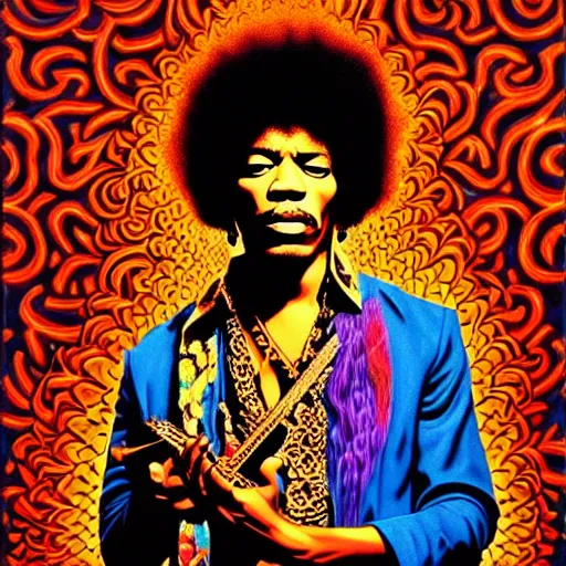 Prompt: : jimi hendrix, intricate, elegant, highly detailed, kehinde wiley art, alex grey art, digital painting, artstation, concept art, smooth, sharp focus, fine art, brightly lit cinematic soft lighting, photorealistic