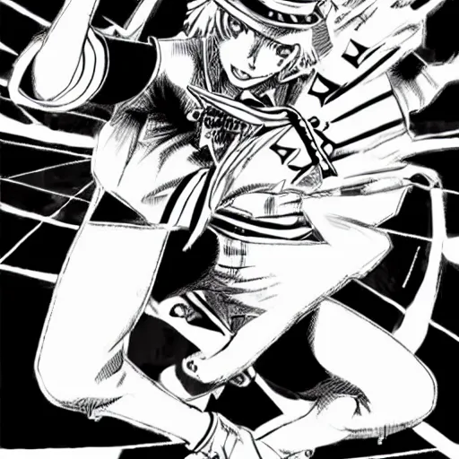 Image similar to Johnny Joestar from JoJo's Bizarre Adventure shooting the infinite spin at Funny Valentine, drawn by Murata, manga